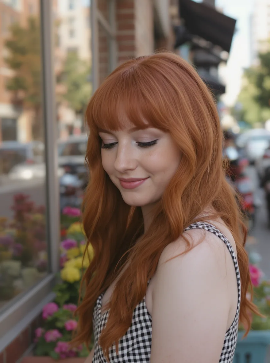 Long Layers with Vibrant Copper Red and Blunt Bangs